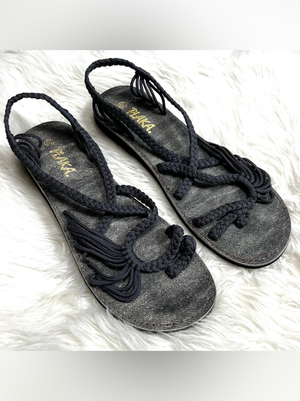 Plaka Sandals Woven Strappy Sandals Navy Blue Vacation Beach Resort Size 10